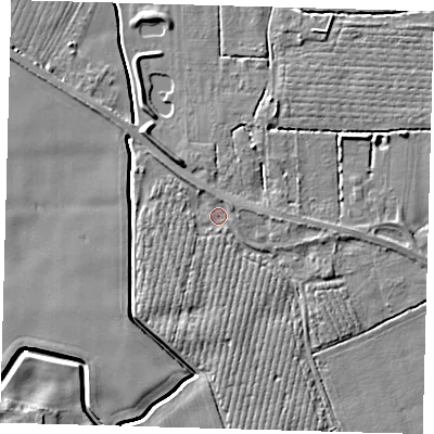Shaded relief map of the ground around PE202LH, computed from Environment Agency LiDAR. The ground here sits at about 3 m above sea level and falls 6 m across the surrounding 800 m. Surface water reaching this point runs off ground lying to the north-west, 1.3 m higher.