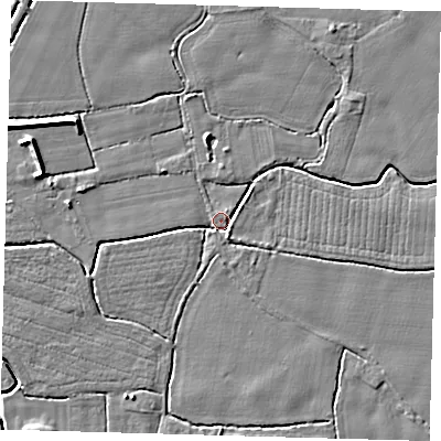Shaded relief map of the ground around PE202LL, computed from Environment Agency LiDAR. The ground here sits at about 2 m above sea level and falls 7 m across the surrounding 800 m. Surface water reaching this point runs off ground lying to the south-south-east, 2.5 m higher.