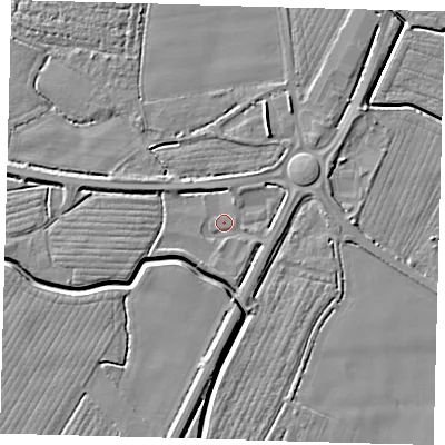 Shaded relief map of the ground around PE202LN, computed from Environment Agency LiDAR. The ground here sits at about 3 m above sea level and falls 6 m across the surrounding 800 m. Surface water reaching this point runs off ground lying to the north-north-east, 2.4 m higher.