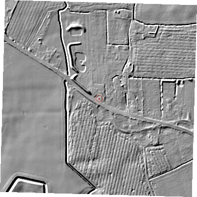 Shaded relief map of the ground around PE202LQ, computed from Environment Agency LiDAR. The ground here sits at about 3 m above sea level and falls 6 m across the surrounding 800 m. Surface water reaching this point runs off ground lying to the west-north-west, 3.6 m higher.