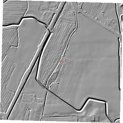 Shaded relief map of the ground around PE202LR, computed from Environment Agency LiDAR. The ground here sits at about 3 m above sea level and falls 4 m across the surrounding 800 m. Surface water reaching this point runs off ground lying to the west-south-west, 1.4 m higher.