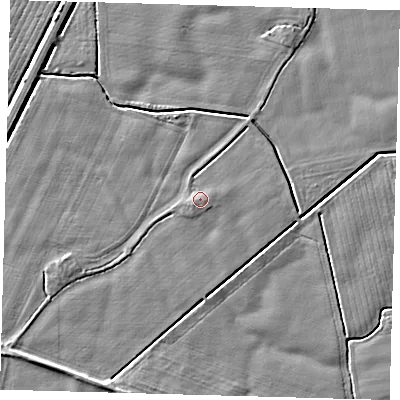 Shaded relief map of the ground around PE202LT, computed from Environment Agency LiDAR. The ground here sits at about 4 m above sea level and falls 5 m across the surrounding 800 m. Surface water reaching this point runs off ground lying to the east-south-east, 1.2 m higher.