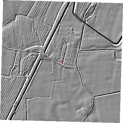 Shaded relief map of the ground around PE202LX, computed from Environment Agency LiDAR. The ground here sits at about 3 m above sea level and falls 5 m across the surrounding 800 m. Surface water reaching this point runs off ground lying to the west, 1.3 m higher.