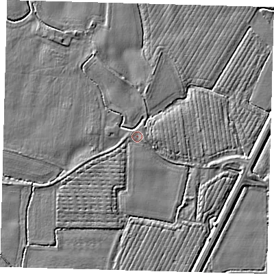 Shaded relief map of the ground around PE202LY, computed from Environment Agency LiDAR. The ground here sits at about 3 m above sea level and falls 3 m across the surrounding 800 m. Surface water reaching this point runs off ground lying to the east-south-east, 0.9 m higher.