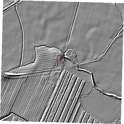 Shaded relief map of the ground around PE202NA, computed from Environment Agency LiDAR. The ground here sits at about 4 m above sea level and falls 5 m across the surrounding 800 m. Surface water reaching this point runs off ground lying to the north-north-west, 2.4 m higher.