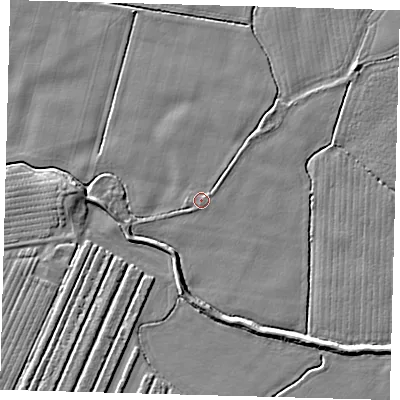 Shaded relief map of the ground around PE202NB, computed from Environment Agency LiDAR. The ground here sits at about 3 m above sea level and falls 4 m across the surrounding 800 m. Surface water reaching this point runs off ground lying to the east-north-east, 0.6 m higher.