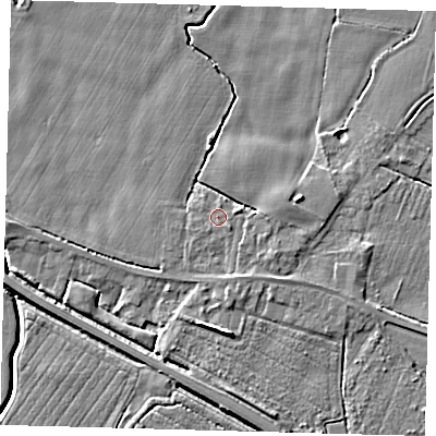 Shaded relief map of the ground around PE202NP, computed from Environment Agency LiDAR. The ground here sits at about 4 m above sea level and falls 6 m across the surrounding 800 m. Surface water reaching this point runs off ground lying to the south-east, 0.8 m higher.