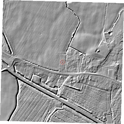 Shaded relief map of the ground around PE202NW, computed from Environment Agency LiDAR. The ground here sits at about 3 m above sea level and falls 6 m across the surrounding 800 m. The ground contributing surface water to this point lies to the north.