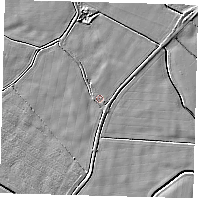 Shaded relief map of the ground around PE202PF, computed from Environment Agency LiDAR. The ground here sits at about 3 m above sea level and falls 5 m across the surrounding 800 m. Surface water reaching this point runs off ground lying to the south, 1.9 m higher.