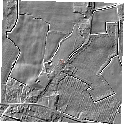 Shaded relief map of the ground around PE202PJ, computed from Environment Agency LiDAR. The ground here sits at about 4 m above sea level and falls 5 m across the surrounding 800 m. Surface water reaching this point runs off ground lying to the west-north-west, 0.5 m higher.