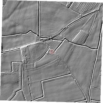 Shaded relief map of the ground around PE202PP, computed from Environment Agency LiDAR. The ground here sits at about 3 m above sea level and falls 4 m across the surrounding 800 m. Surface water reaching this point runs off ground lying to the west-south-west, 1.7 m higher.