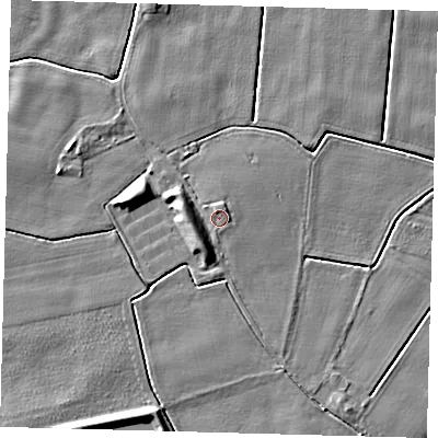 Shaded relief map of the ground around PE202PS, computed from Environment Agency LiDAR. The ground here sits at about 4 m above sea level and falls 5 m across the surrounding 800 m. Surface water reaching this point runs off ground lying to the south-west, 3.4 m higher.