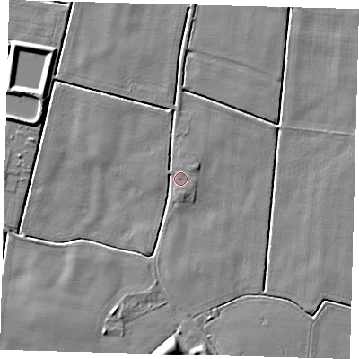 Shaded relief map of the ground around PE202PT, computed from Environment Agency LiDAR. The ground here sits at about 3 m above sea level and falls 6 m across the surrounding 800 m. Surface water reaching this point runs off ground lying to the south, 2.5 m higher.