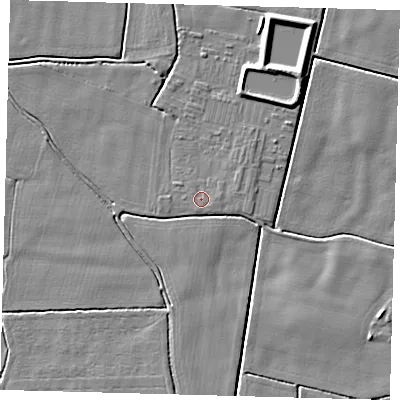Shaded relief map of the ground around PE202PU, computed from Environment Agency LiDAR. The ground here sits at about 3 m above sea level and falls 5 m across the surrounding 800 m. The ground contributing surface water to this point lies to the south-east.