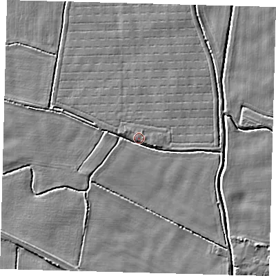 Shaded relief map of the ground around PE202PX, computed from Environment Agency LiDAR. The ground here sits at about 4 m above sea level and falls 4 m across the surrounding 800 m. Surface water reaching this point runs off ground lying to the east-south-east, 2.6 m higher.