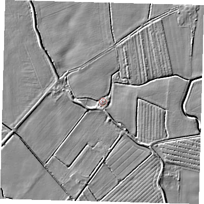 Shaded relief map of the ground around PE202PZ, computed from Environment Agency LiDAR. The ground here sits at about 3 m above sea level and falls 5 m across the surrounding 800 m. Surface water reaching this point runs off ground lying to the west-south-west, 2.9 m higher.