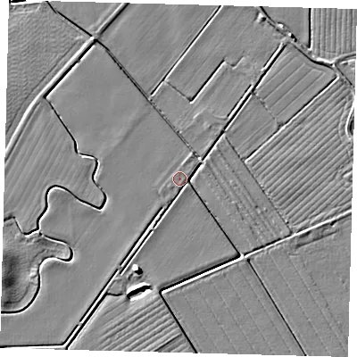 Shaded relief map of the ground around PE202QA, computed from Environment Agency LiDAR. The ground here sits at about 4 m above sea level and falls 5 m across the surrounding 800 m. Surface water reaching this point runs off ground lying to the south-south-west, 1.7 m higher.