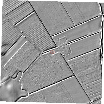 Shaded relief map of the ground around PE202QB, computed from Environment Agency LiDAR. The ground here sits at about 4 m above sea level and falls 4 m across the surrounding 800 m. Surface water reaching this point runs off ground lying to the east-south-east, 3.0 m higher.
