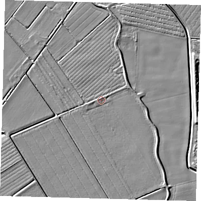 Shaded relief map of the ground around PE202QD, computed from Environment Agency LiDAR. The ground here sits at about 4 m above sea level and falls 5 m across the surrounding 800 m. Surface water reaching this point runs off ground lying to the west, 1.2 m higher.