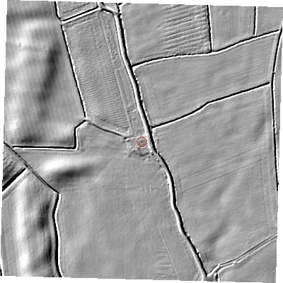 Shaded relief map of the ground around PE202QE, computed from Environment Agency LiDAR. The ground here sits at about 4 m above sea level and falls 5 m across the surrounding 800 m. Surface water reaching this point runs off ground lying to the north-east, 0.9 m higher.
