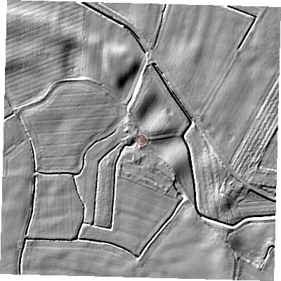 Shaded relief map of the ground around PE203AB, computed from Environment Agency LiDAR. The ground here sits at about 5 m above sea level and falls 4 m across the surrounding 800 m. Surface water reaching this point runs off ground lying to the east-north-east, 1.2 m higher.