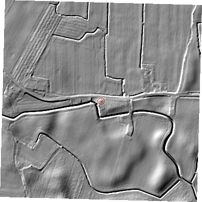 Shaded relief map of the ground around PE203AD, computed from Environment Agency LiDAR. The ground here sits at about 5 m above sea level and falls 5 m across the surrounding 800 m. Surface water reaching this point runs off ground lying to the west-north-west, 2.9 m higher.