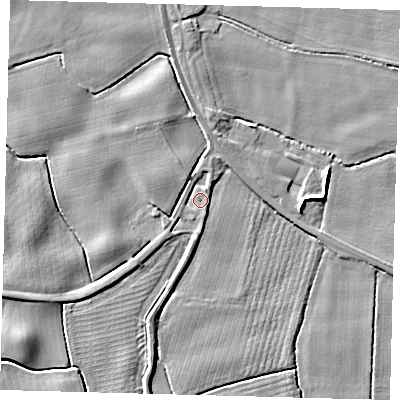 Shaded relief map of the ground around PE203AE, computed from Environment Agency LiDAR. The ground here sits at about 4 m above sea level and falls 5 m across the surrounding 800 m. Surface water reaching this point runs off ground lying to the west-south-west, 2.8 m higher.