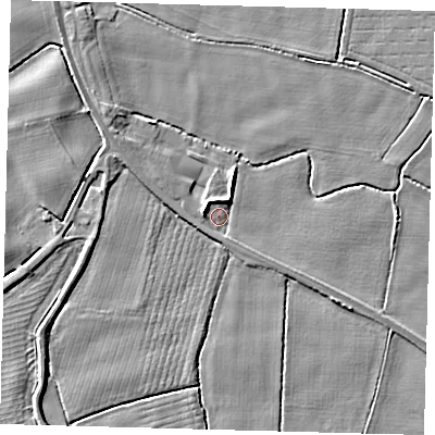 Shaded relief map of the ground around PE203AF, computed from Environment Agency LiDAR. The ground here sits at about 3 m above sea level and falls 5 m across the surrounding 800 m. Surface water reaching this point runs off ground lying to the north-north-east, 4.0 m higher.