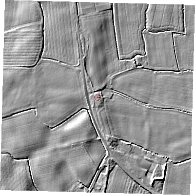 Shaded relief map of the ground around PE203AG, computed from Environment Agency LiDAR. The ground here sits at about 5 m above sea level and falls 5 m across the surrounding 800 m. The ground contributing surface water to this point lies to the west-south-west.