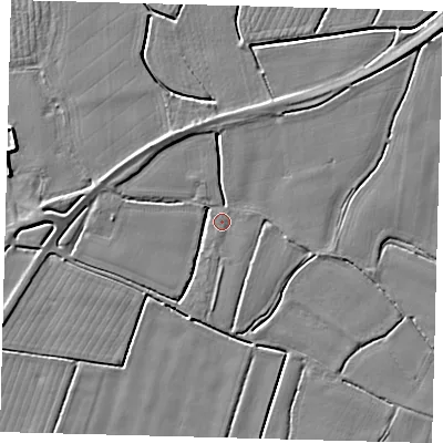 Shaded relief map of the ground around PE203AR, computed from Environment Agency LiDAR. The ground here sits at about 3 m above sea level and falls 5 m across the surrounding 800 m. Surface water reaching this point runs off ground lying to the west, 3.5 m higher.