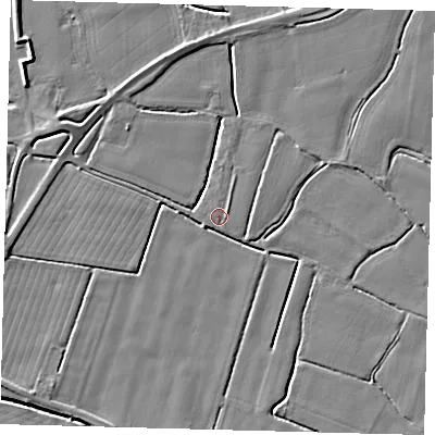 Shaded relief map of the ground around PE203AS, computed from Environment Agency LiDAR. The ground here sits at about 3 m above sea level and falls 5 m across the surrounding 800 m. Surface water reaching this point runs off ground lying to the south-west, 2.2 m higher.