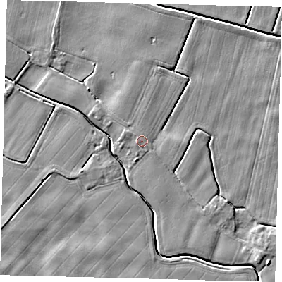 Shaded relief map of the ground around PE203AZ, computed from Environment Agency LiDAR. The ground here sits at about 4 m above sea level and falls 4 m across the surrounding 800 m. Surface water reaching this point runs off ground lying to the west, 0.9 m higher.