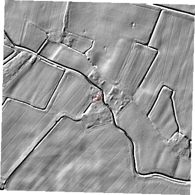 Shaded relief map of the ground around PE203BA, computed from Environment Agency LiDAR. The ground here sits at about 3 m above sea level and falls 4 m across the surrounding 800 m. Surface water reaching this point runs off ground lying to the east-north-east, 3.5 m higher.