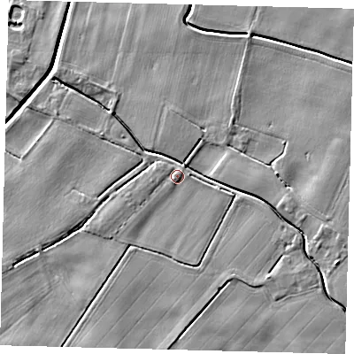Shaded relief map of the ground around PE203BB, computed from Environment Agency LiDAR. The ground here sits at about 3 m above sea level and falls 5 m across the surrounding 800 m. Surface water reaching this point runs off ground lying to the west, 1.1 m higher.