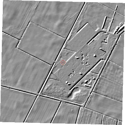 Shaded relief map of the ground around PE203BF, computed from Environment Agency LiDAR. The ground here sits at about 2 m above sea level and falls 5 m across the surrounding 800 m. Surface water reaching this point runs off ground lying to the east-north-east, 3.6 m higher.