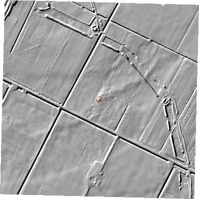 Shaded relief map of the ground around PE203BJ, computed from Environment Agency LiDAR. The ground here sits at about 2 m above sea level and falls 4 m across the surrounding 800 m. Surface water reaching this point runs off ground lying to the south-west, 1.3 m higher.