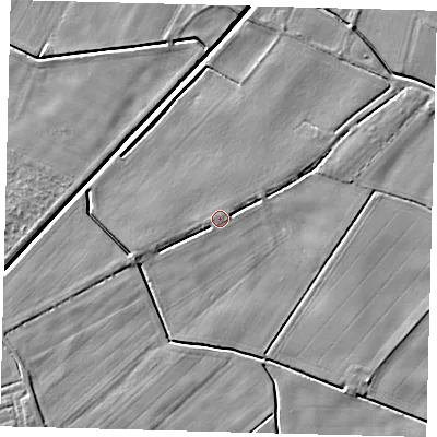 Shaded relief map of the ground around PE203BL, computed from Environment Agency LiDAR. The ground here sits at about 3 m above sea level and falls 4 m across the surrounding 800 m. The ground contributing surface water to this point lies to the north-east.