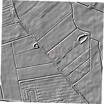 Shaded relief map of the ground around PE203BN, computed from Environment Agency LiDAR. The ground here sits at about 2 m above sea level and falls 5 m across the surrounding 800 m. Surface water reaching this point runs off ground lying to the west, 1.7 m higher.