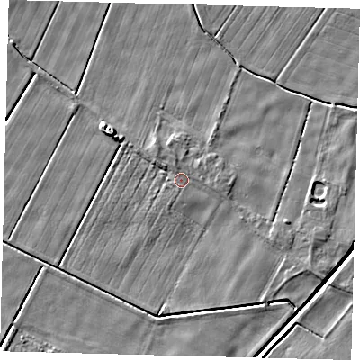 Shaded relief map of the ground around PE203BQ, computed from Environment Agency LiDAR. The ground here sits at about 3 m above sea level and falls 6 m across the surrounding 800 m. Surface water reaching this point runs off ground lying to the north-east, 0.8 m higher.