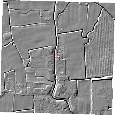 Shaded relief map of the ground around PE203BT, computed from Environment Agency LiDAR. The ground here sits at about 4 m above sea level and falls 5 m across the surrounding 800 m. Surface water reaching this point runs off ground lying to the south, 4.1 m higher.