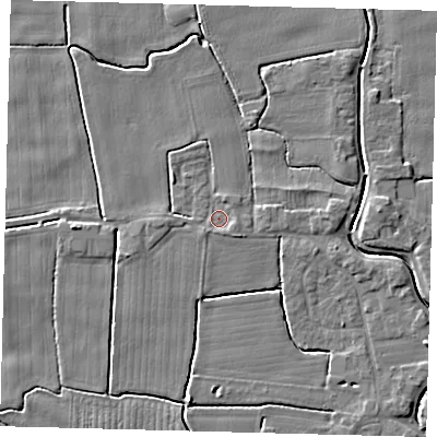 Shaded relief map of the ground around PE203DB, computed from Environment Agency LiDAR. The ground here sits at about 3 m above sea level and falls 4 m across the surrounding 800 m. Surface water reaching this point runs off ground lying to the west, 1.0 m higher.