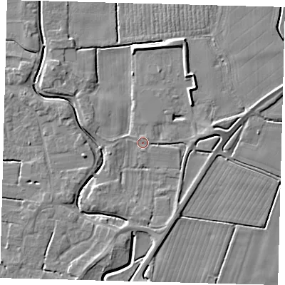 Shaded relief map of the ground around PE203DJ, computed from Environment Agency LiDAR. The ground here sits at about 4 m above sea level and falls 5 m across the surrounding 800 m. Surface water reaching this point runs off ground lying to the west-south-west, 0.8 m higher.