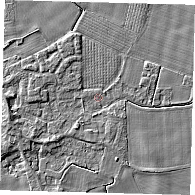 Shaded relief map of the ground around PE203DZ, computed from Environment Agency LiDAR. The ground here sits at about 4 m above sea level and falls 5 m across the surrounding 800 m. Surface water reaching this point runs off ground lying to the west-south-west, 3.2 m higher.