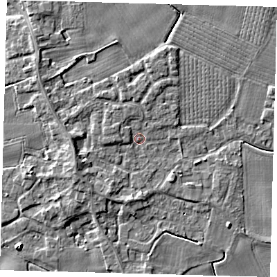 Shaded relief map of the ground around PE203EH, computed from Environment Agency LiDAR. The ground here sits at about 4 m above sea level and falls 5 m across the surrounding 800 m. Surface water reaching this point runs off ground lying to the west-south-west, 2.8 m higher.