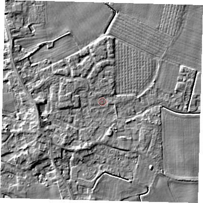 Shaded relief map of the ground around PE203EJ, computed from Environment Agency LiDAR. The ground here sits at about 4 m above sea level and falls 5 m across the surrounding 800 m. Surface water reaching this point runs off ground lying to the west-south-west, 3.1 m higher.