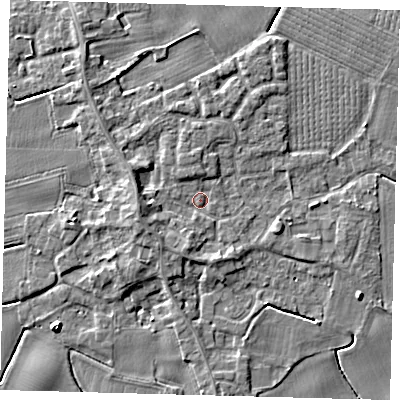 Shaded relief map of the ground around PE203EL, computed from Environment Agency LiDAR. The ground here sits at about 4 m above sea level and falls 5 m across the surrounding 800 m. Surface water reaching this point runs off ground lying to the west, 2.5 m higher.