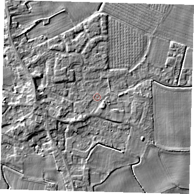 Shaded relief map of the ground around PE203EN, computed from Environment Agency LiDAR. The ground here sits at about 4 m above sea level and falls 5 m across the surrounding 800 m. Surface water reaching this point runs off ground lying to the south-west, 1.9 m higher.