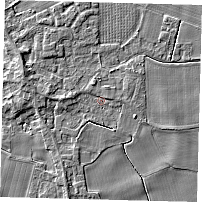 Shaded relief map of the ground around PE203EP, computed from Environment Agency LiDAR. The ground here sits at about 4 m above sea level and falls 4 m across the surrounding 800 m. Surface water reaching this point runs off ground lying to the west, 3.2 m higher.