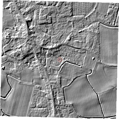 Shaded relief map of the ground around PE203ER, computed from Environment Agency LiDAR. The ground here sits at about 4 m above sea level and falls 5 m across the surrounding 800 m. Surface water reaching this point runs off ground lying to the west-north-west, 2.2 m higher.
