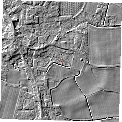 Shaded relief map of the ground around PE203ES, computed from Environment Agency LiDAR. The ground here sits at about 4 m above sea level and falls 5 m across the surrounding 800 m. Surface water reaching this point runs off ground lying to the west-north-west, 2.2 m higher.